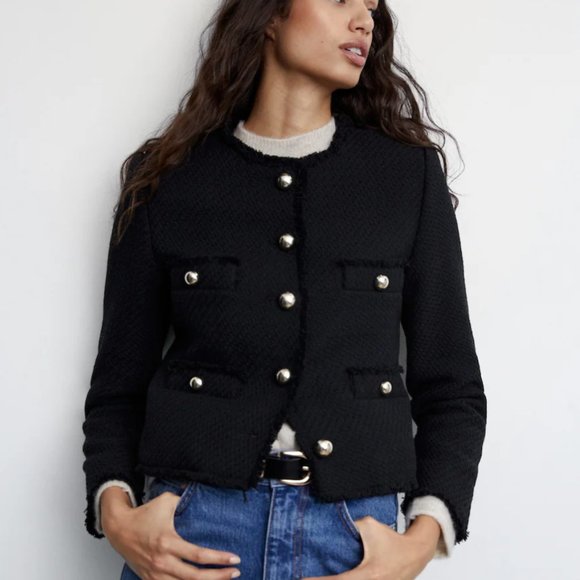 MANGO Pocket Tweed Jacket black - size L - Picture 2 of 9